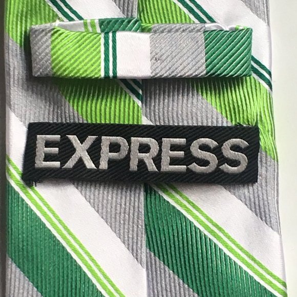 Express Green Silver White Striped Tie 100% Silk - Picture 3 of 3